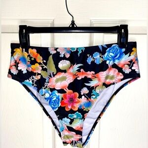 High-Waisted Black with Colorful Floral Print Bikini Bottoms, Bold & Flattering